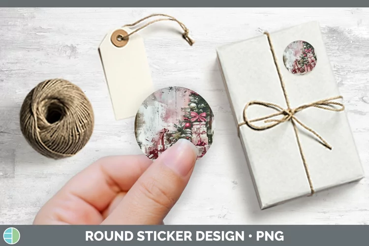 Vintage Pink Christmas Presents Stickers | Round Labels Desi