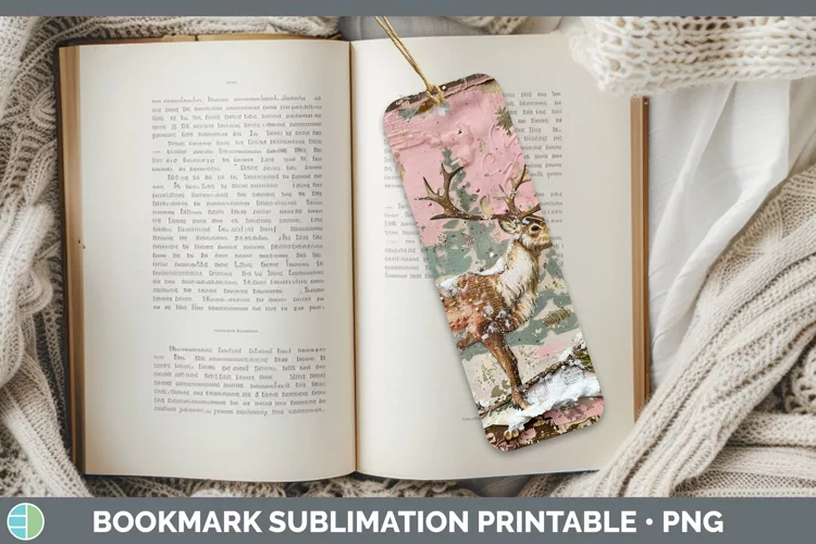 Vintage Pink Christmas Reindeer Bookmark Sublimation Printab