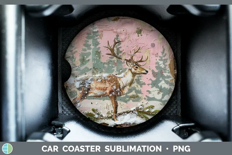 Vintage Pink Christmas Reindeer Car Coaster Sublimation Coas