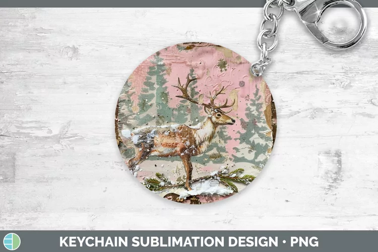 Vintage Pink Christmas Reindeer Keychain Sublimation Keyring