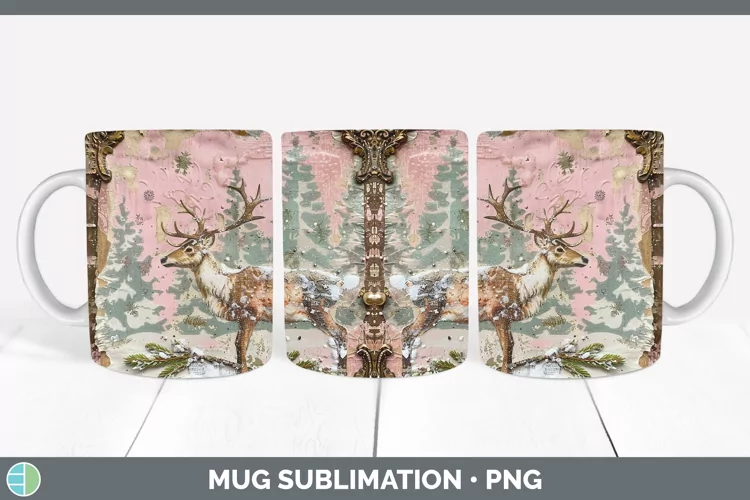 Vintage Pink Christmas Reindeer Mug Wrap Sublimation Coffee