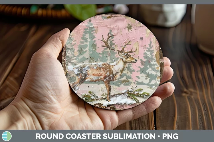 Vintage Pink Christmas Reindeer Round Coaster Sublimation Co