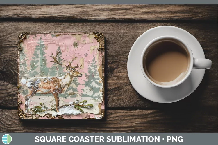 Vintage Pink Christmas Reindeer Square Coaster Sublimation C