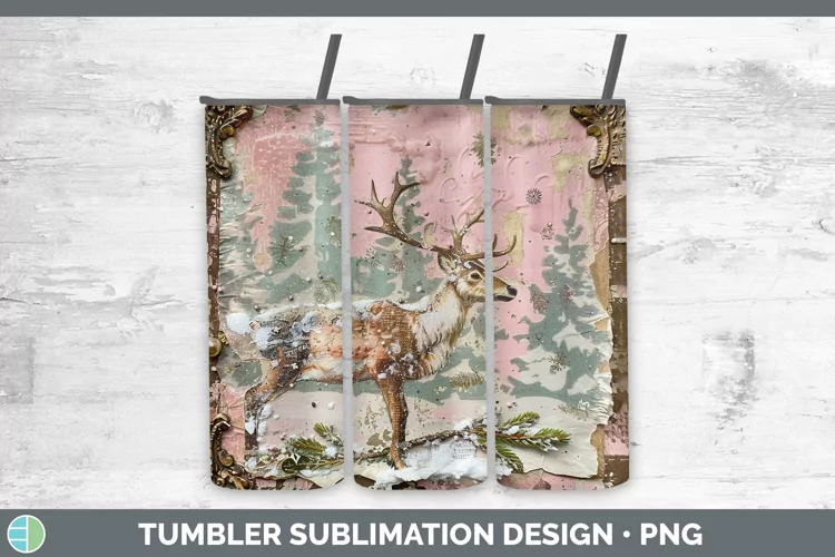 Vintage Pink Christmas Reindeer Tumbler Sublimation 20 oz Sk