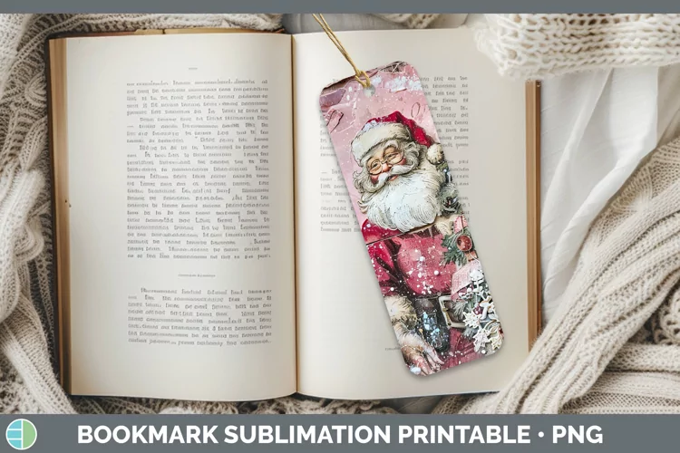 Vintage Pink Christmas Santa Bookmark Sublimation Printable