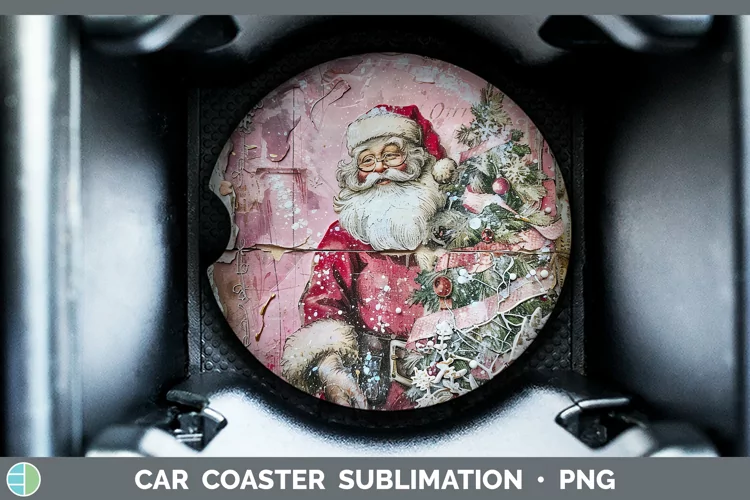 Vintage Pink Christmas Santa Car Coaster Sublimation Coaster