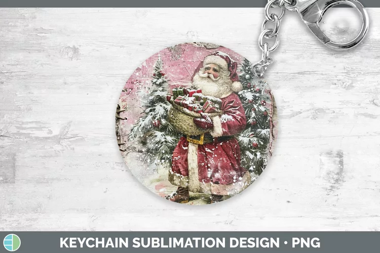 Vintage Pink Christmas Santa Gifts Keychain Sublimation Keyr
