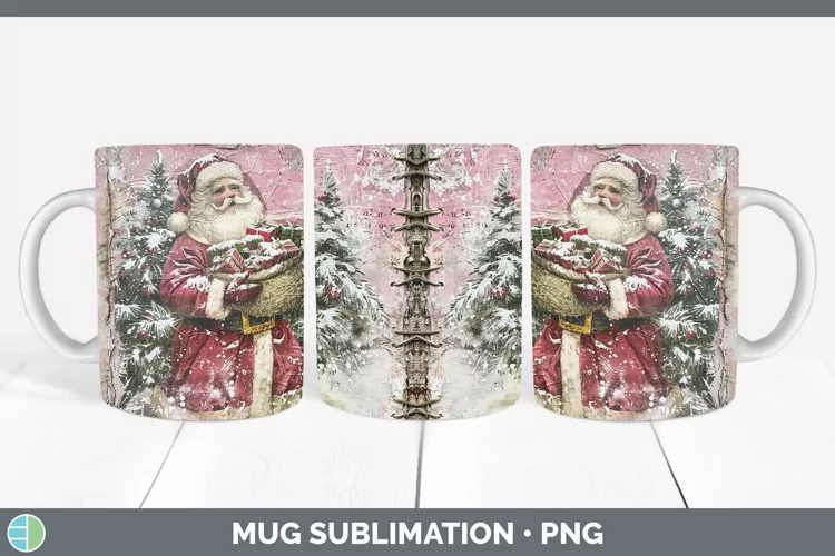 Vintage Pink Christmas Santa Gifts Mug Wrap Sublimation Coff
