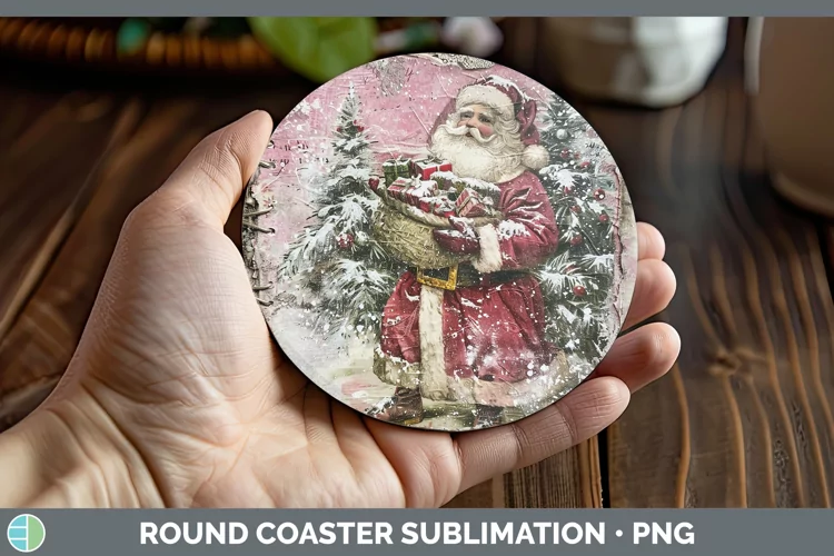 Vintage Pink Christmas Santa Gifts Round Coaster Sublimation