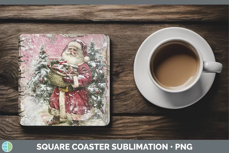 Vintage Pink Christmas Santa Gifts Square Coaster Sublimatio