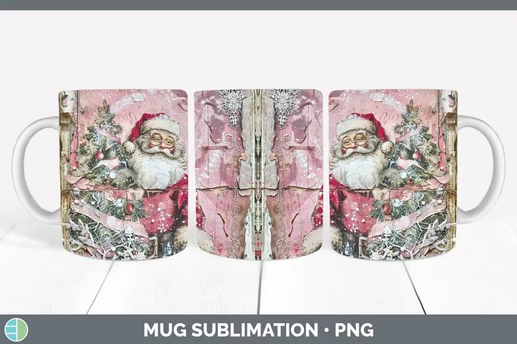 Vintage Pink Christmas Santa Mug Wrap Sublimation Coffee Cup