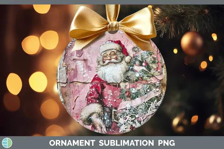 Vintage Pink Christmas Santa Ornament Sublimation Bauble Des
