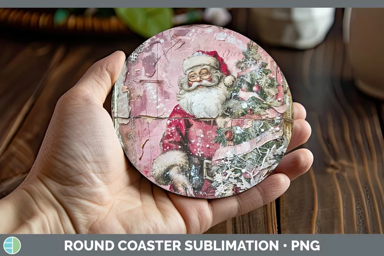 Vintage Pink Christmas Santa Round Coaster Sublimation Coast