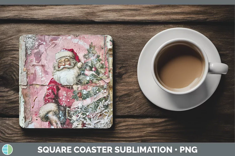 Vintage Pink Christmas Santa Square Coaster Sublimation Coas