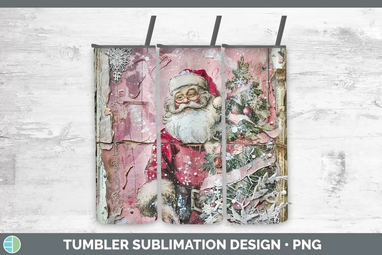 Vintage Pink Christmas Santa Tumbler Sublimation 20 oz Skinn