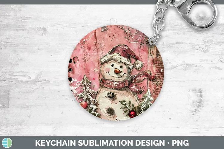 Vintage Pink Christmas Snowman Keychain Sublimation Keyring