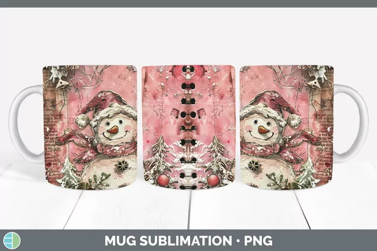 Vintage Pink Christmas Snowman Mug Wrap Sublimation Coffee C