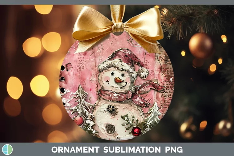 Vintage Pink Christmas Snowman Ornament Sublimation Bauble D