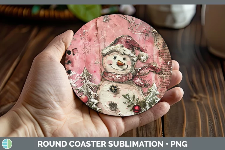 Vintage Pink Christmas Snowman Round Coaster Sublimation Coa