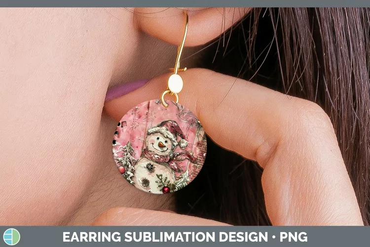 Vintage Pink Christmas Snowman Round Earrings Sublimation Ea