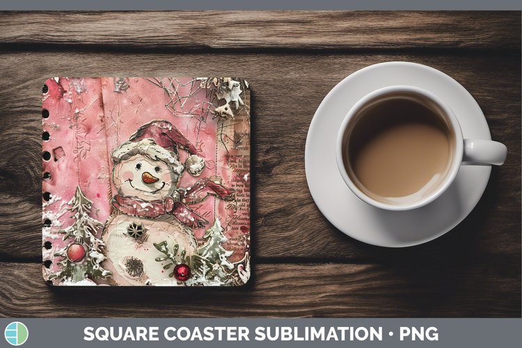 Vintage Pink Christmas Snowman Square Coaster Sublimation Co