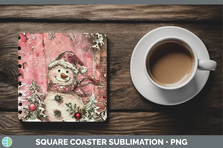 Vintage Pink Christmas Snowman Square Coaster Sublimation Co