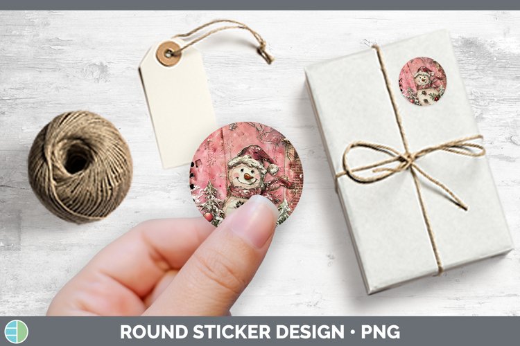 Vintage Pink Christmas Snowman Stickers | Round Labels Desig