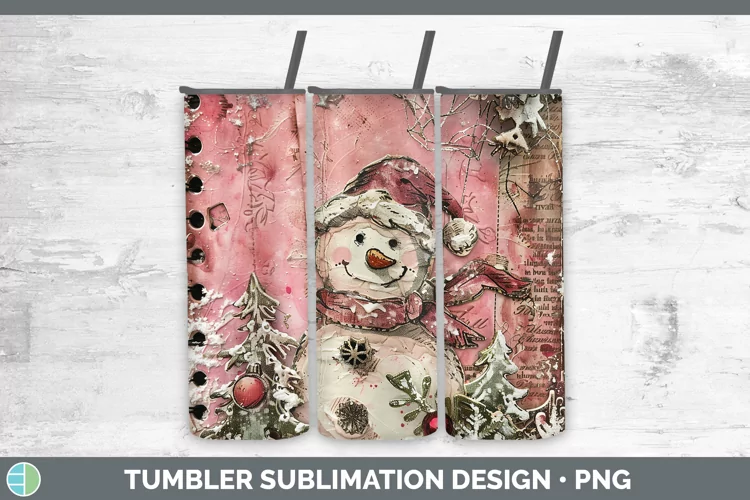 Vintage Pink Christmas Snowman Tumbler Sublimation 20 oz Ski