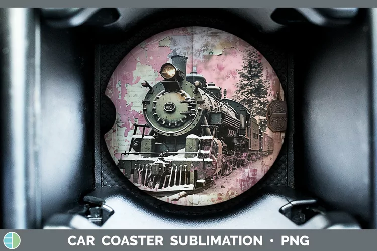 Vintage Pink Christmas Train Car Coaster Sublimation Design