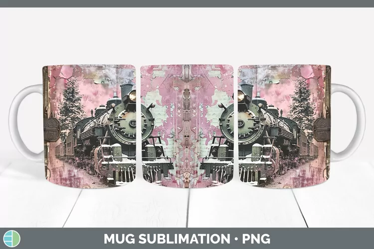 Vintage Pink Christmas Train Mug Wrap Sublimation Coffee Cup