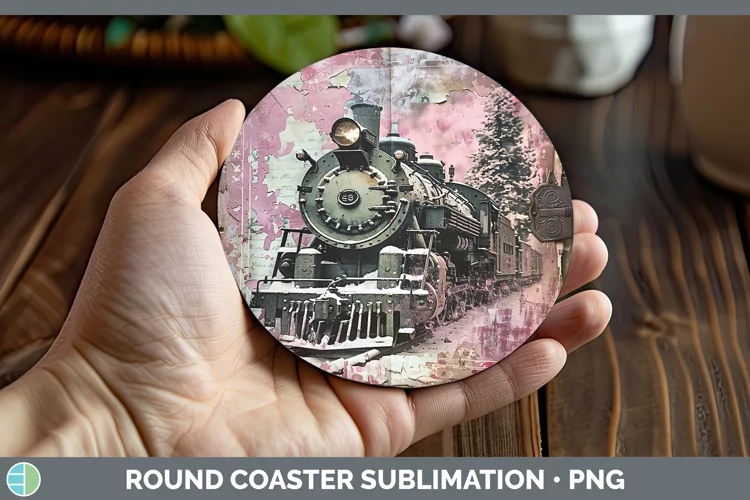 Vintage Pink Christmas Train Round Coaster Sublimation Coast