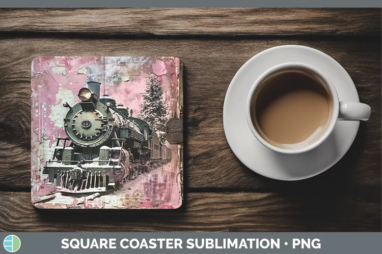 Vintage Pink Christmas Train Square Coaster Sublimation Coas