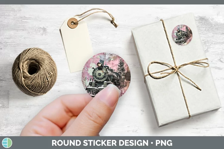 Vintage Pink Christmas Train Stickers | Round Labels Designs