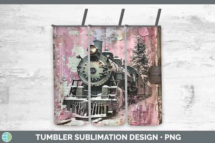 Vintage Pink Christmas Train Tumbler Sublimation 20 oz Skinn