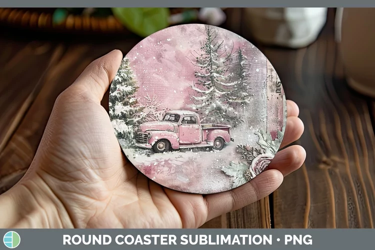 Vintage Pink Christmas Vintage Truck Round Coaster Sublimati
