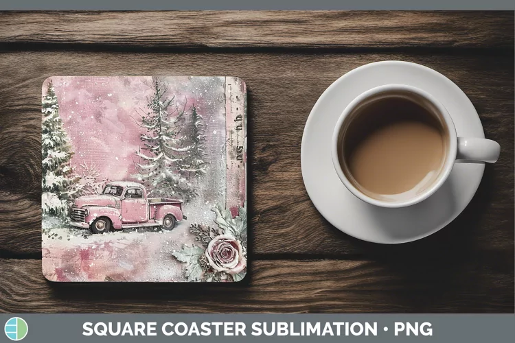 Vintage Pink Christmas Vintage Truck Square Coaster Sublimat