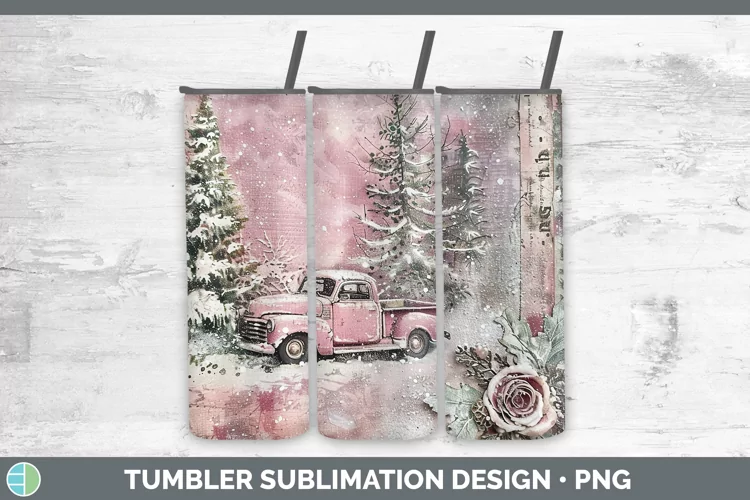 Vintage Pink Christmas Vintage Truck Tumbler Sublimation 20