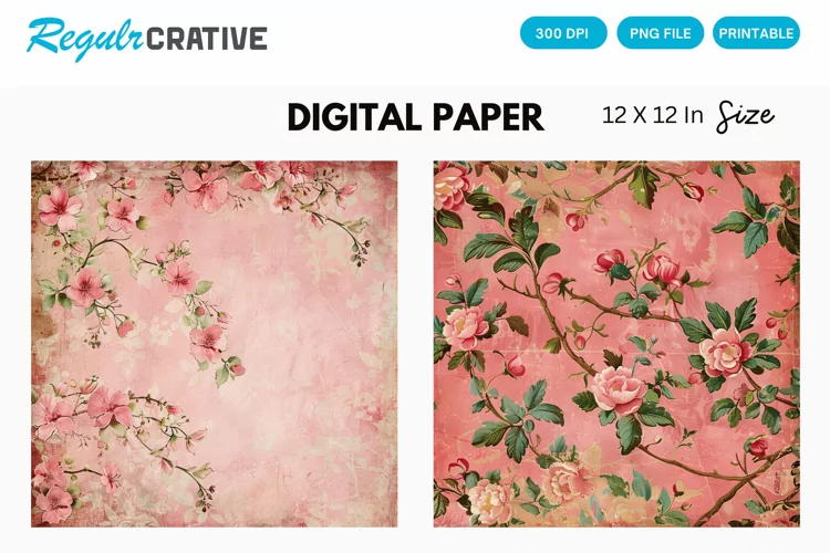 Vintage Pink Floral Seamless Digital Paper