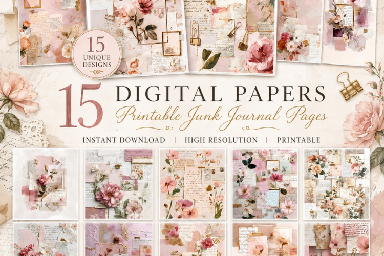 Vintage Pink Floral Junk Journal Digital Papers Bundle