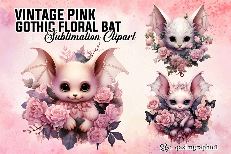 Vintage Pink Gothic Floral Bat Sublimation Clipart