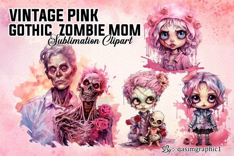 Vintage Pink Gothic Zombie Mom Sublimation Clipart