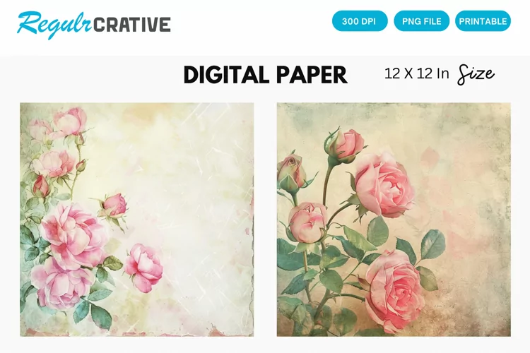 Vintage Pink Roses Digital Paper, Pink Roses Background