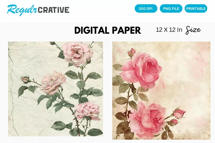 Vintage Pink Roses Digital Paper, Pink Roses Background