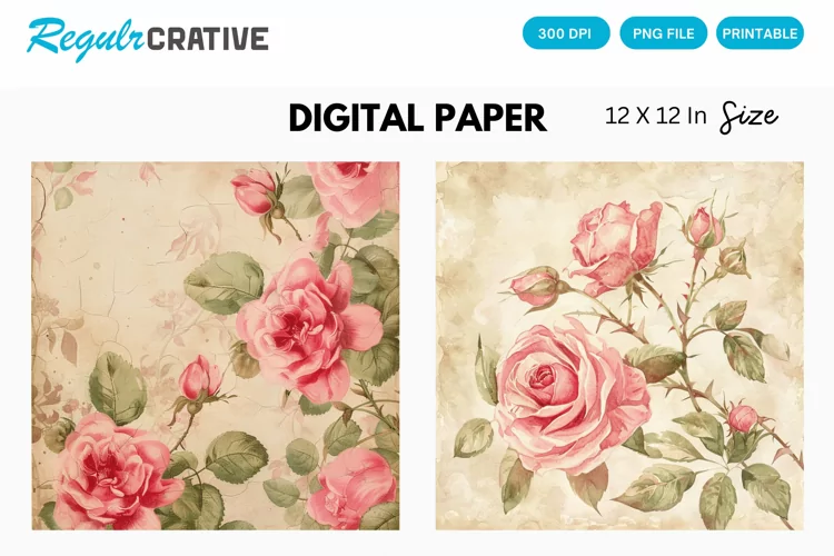Vintage Pink Roses Digital Paper, Pink Roses Background