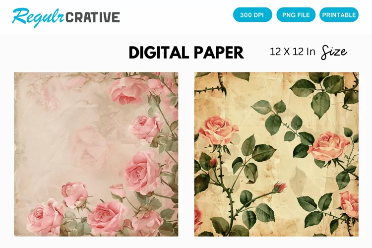 Vintage Pink Roses Digital Paper, Pink Roses Background