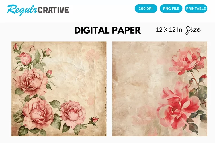 Vintage Pink Roses Digital Paper, Pink Roses Background