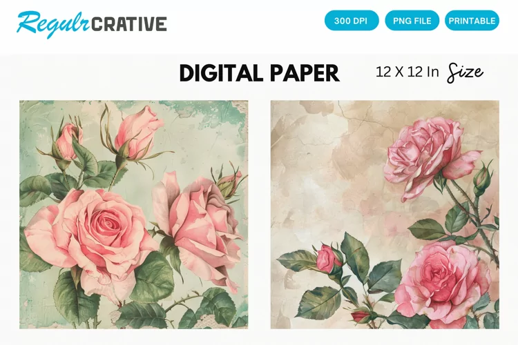 Vintage Pink Roses Digital Paper, Pink Roses Background