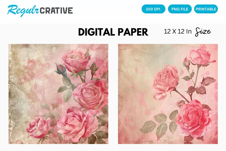 Vintage Pink Roses Digital Paper, Pink Roses Background