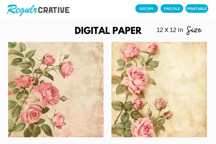 Vintage Pink Roses Digital Paper, Pink Roses Background