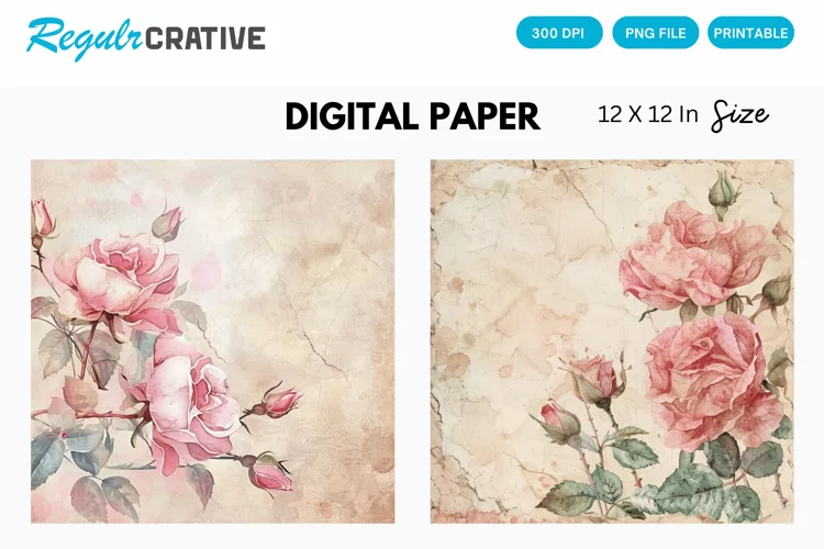 Vintage Pink Roses Digital Paper, Pink Roses Background